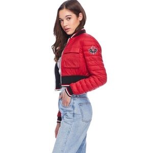 Rare Moose Knuckles d’Iberville Red Cropped Bomber Jacket